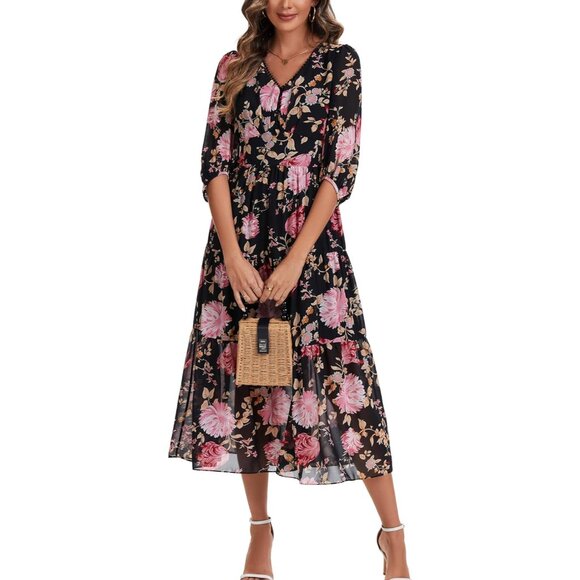 Women's Boho Chiffon Dress Large V Neck 3/4 Sleeve Long Flowy Casual - Picture 4 of 5